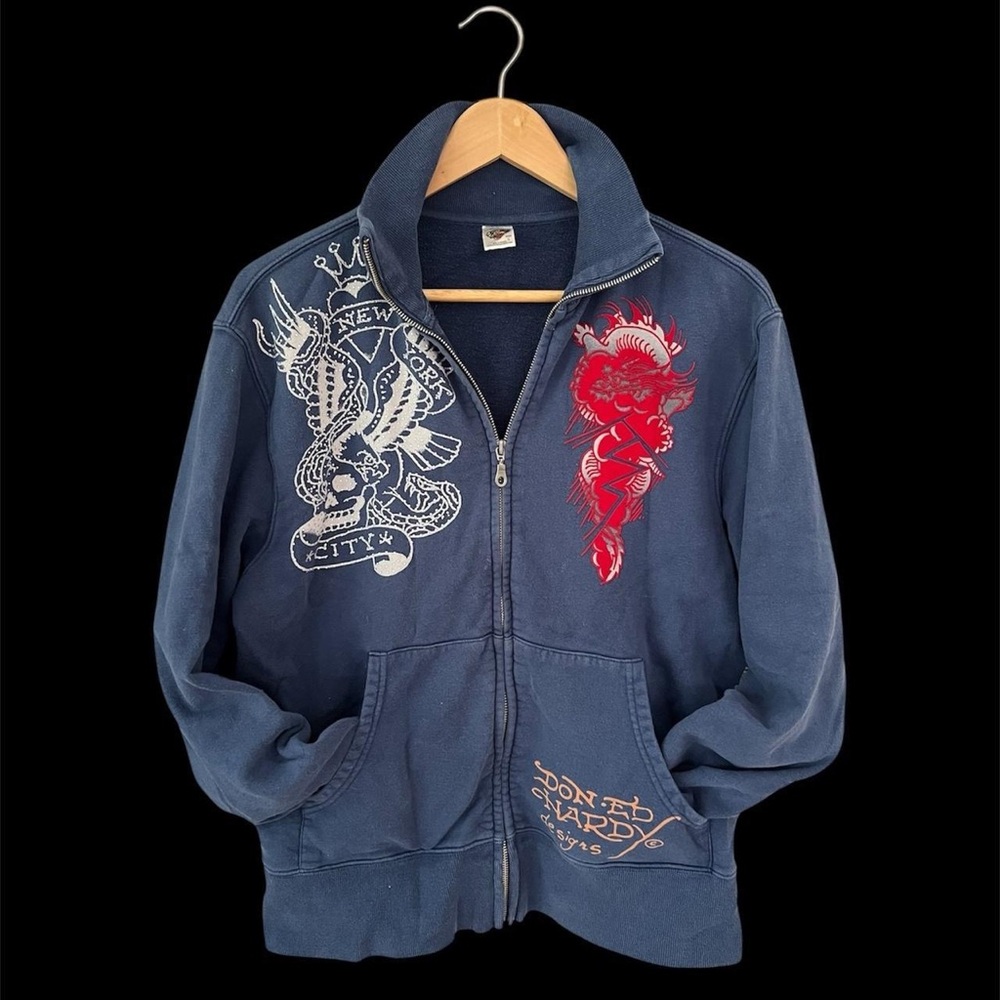 Ed Hardy Glamorous Rhinestones Graphic Label with Tiger Design Zip Up - Picture 3 of 6